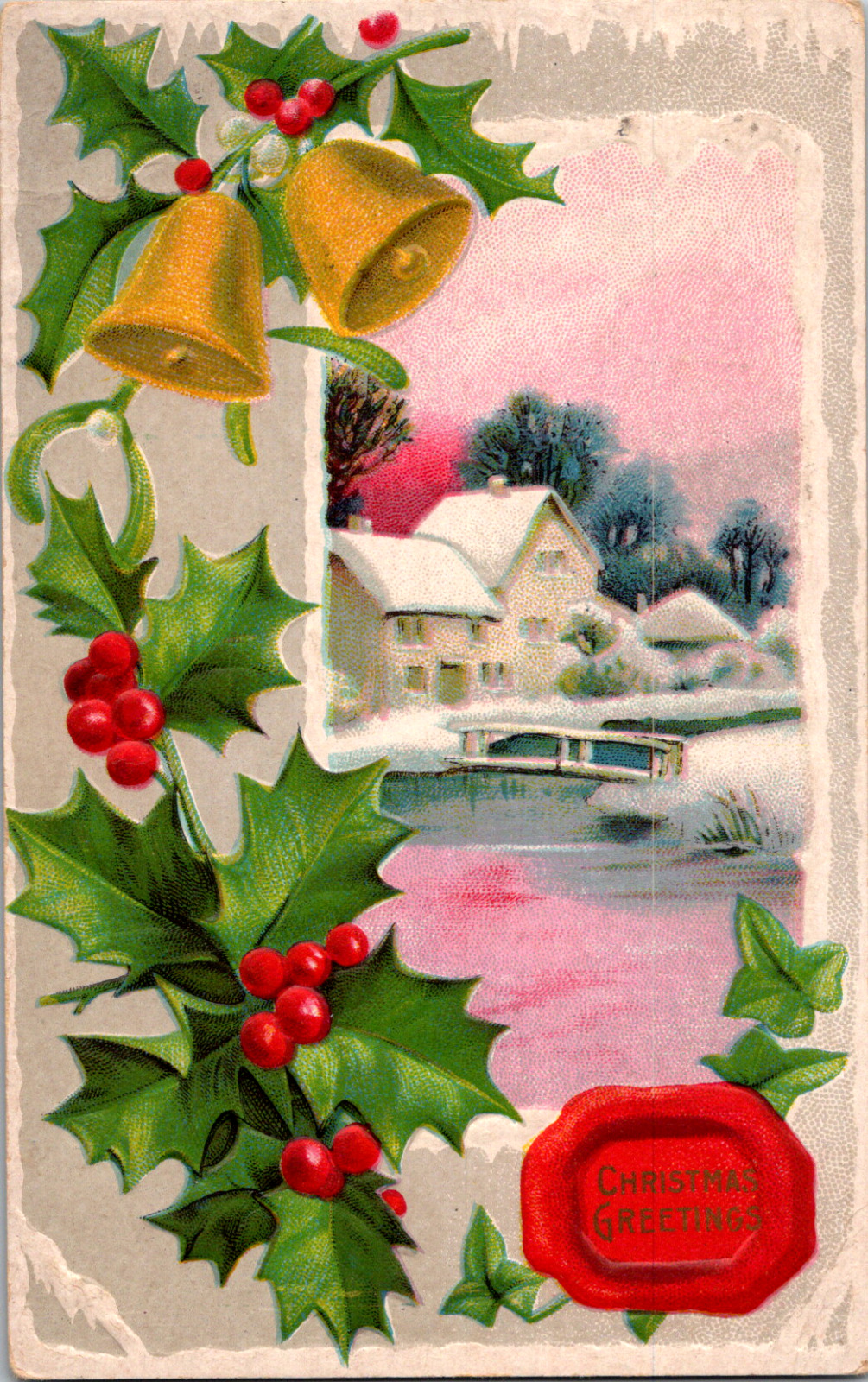Vintage C 1915 Christmas Greetings Holy Gold Bells Snowy Bridge To Home Postcard