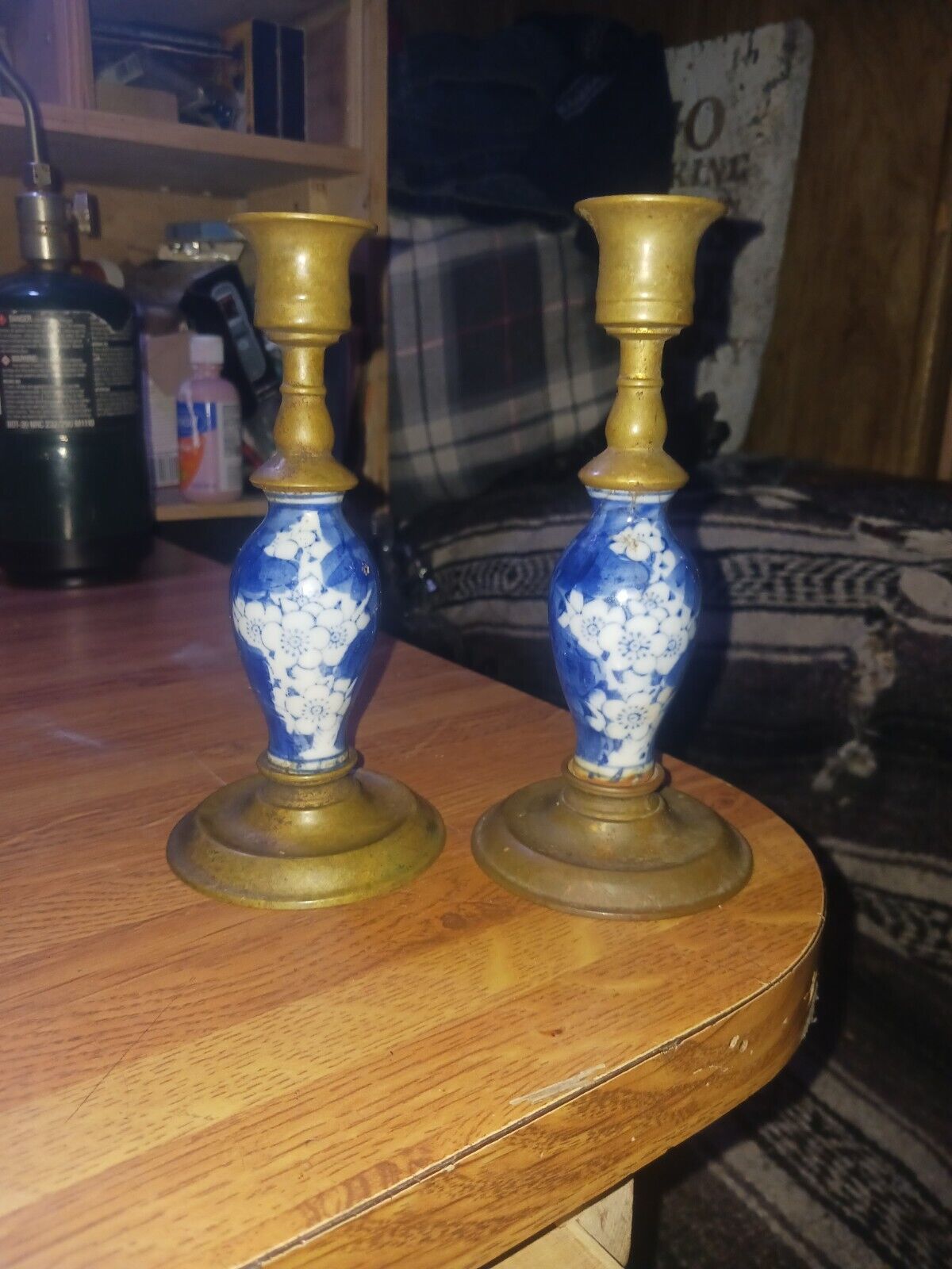 Pair Vintage Candlestick Holders Porcelain Brass Blue White Floral Pattern Gold