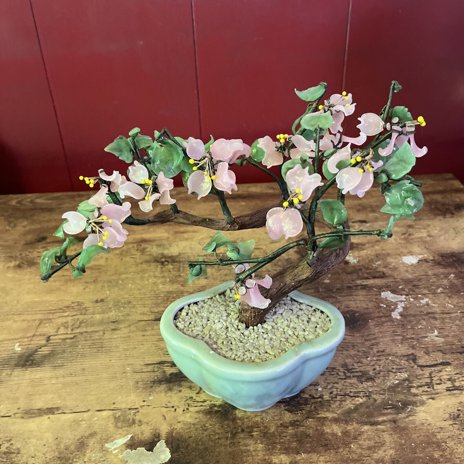 Vintage Jade Rose Quartz Glass Bonsai Tree Flower Pink White Blossoms Oriental