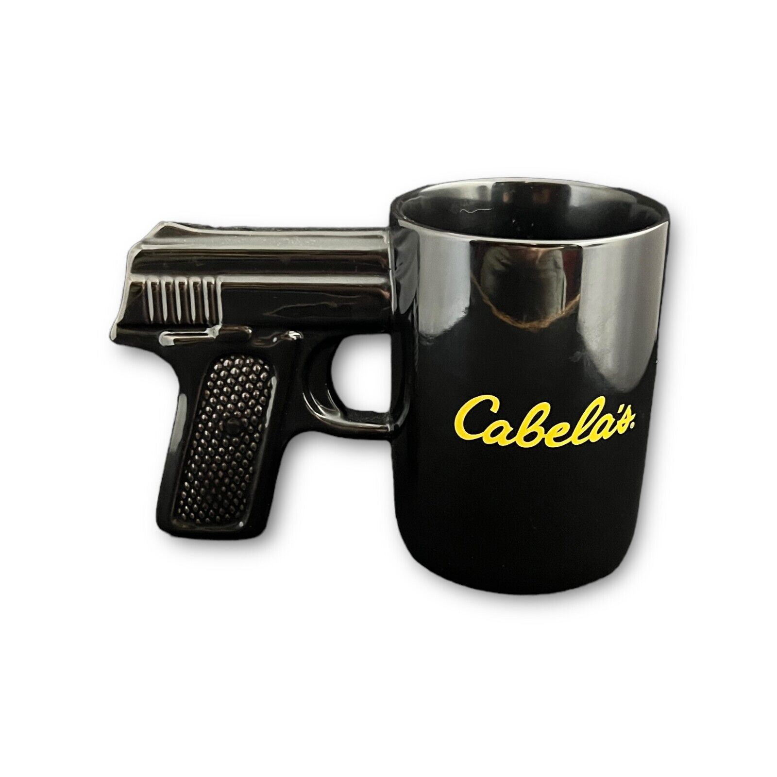 Cabela's Pistol Grip Coffee Mug Ceramic Hand Gun Handle Novelty Cup Black Yellow