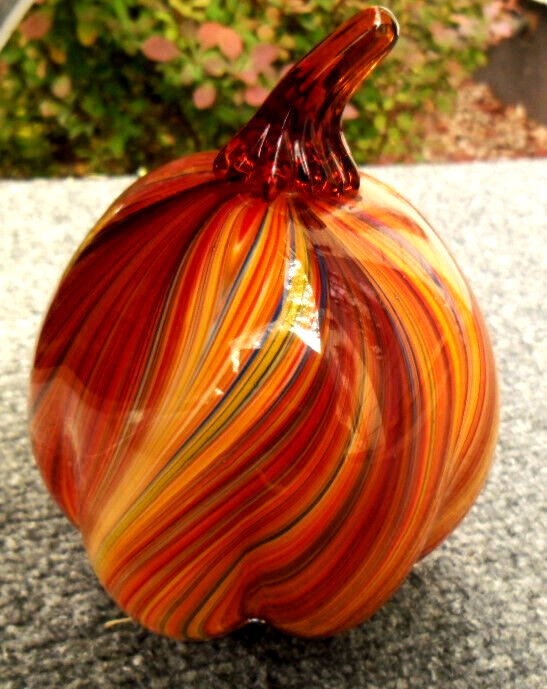 Murano Like Hand Blown Art Glass Pumpkin Multicolor Swirl 5 1/2\