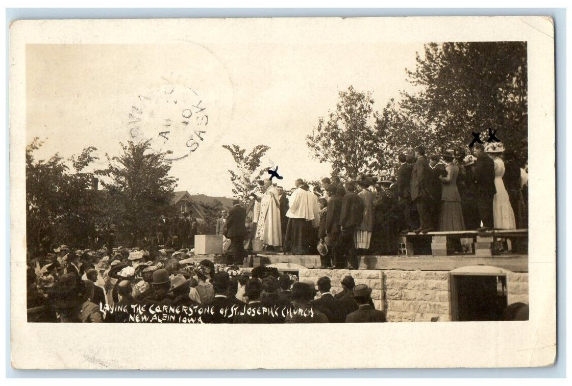 1910 Laying Cornerstone St. Joseph\'s Church New Albin IA RPPC Photo Postcard