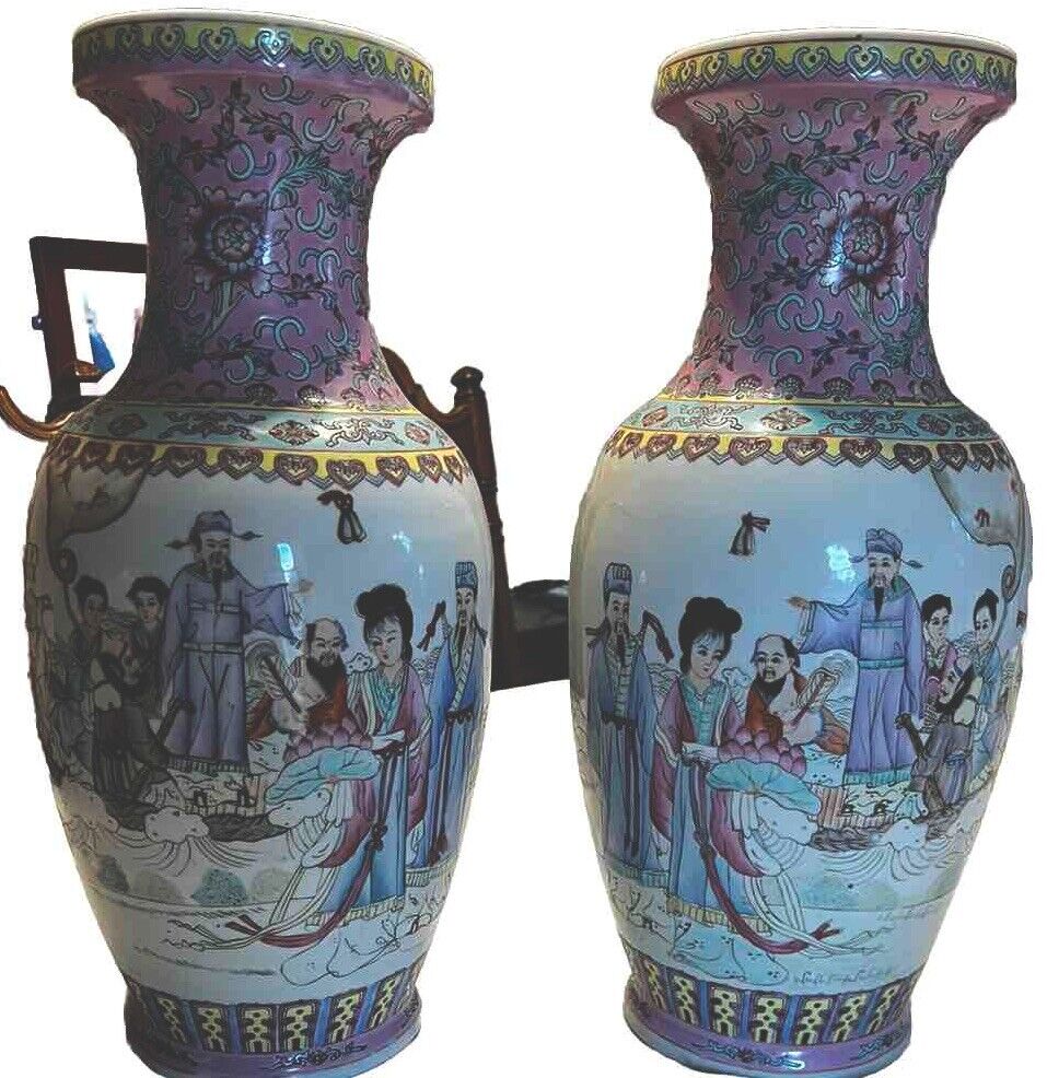Pair of Chinese Rose Family Large Baluster Porcelain Vase