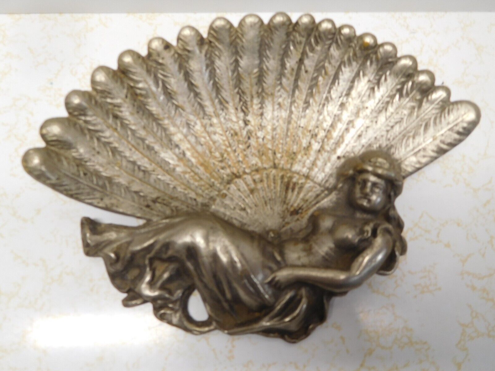 Outstanding Vintage Art Deco Beautiful Woman & Feathers Metal Ashtray