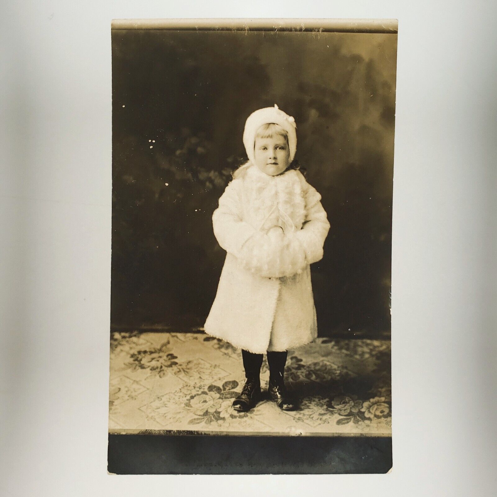 Winter Fur Muff Girl RPPC Postcard c1910 White Coat Studio Portrait Photo A3005