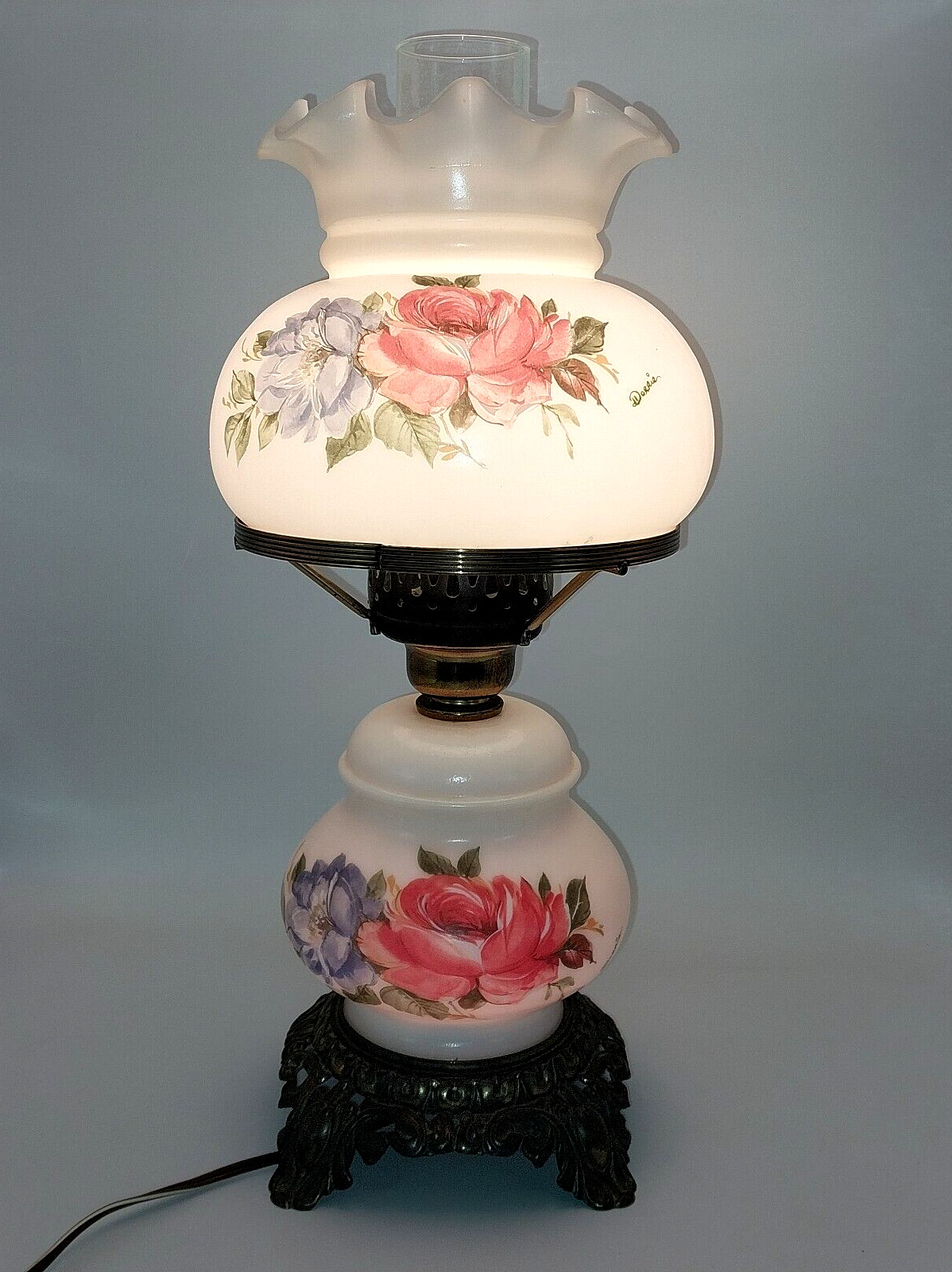 Vintage Gone with the Wind Hand Painted Floral Hurricane Lamp 3 way  Light 18”