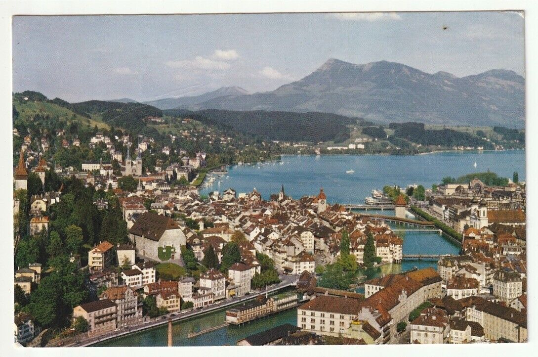 1966 Lucerne Switzerland PC city skyline with Mt. Rigi from Gutsch
