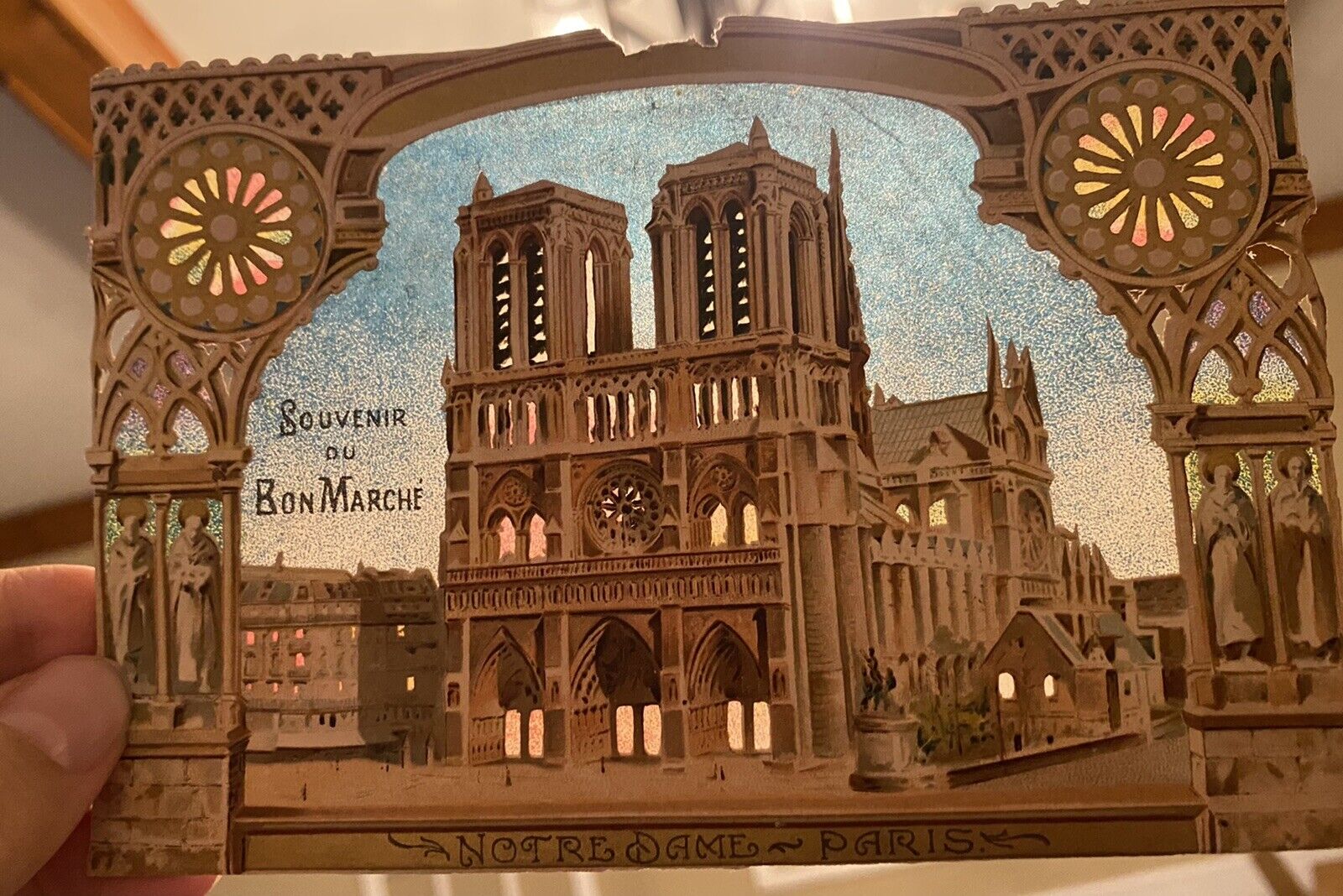 Rare Paris Au Bon Marche Hold To The Light Notre Dame Cathedral Trade Card