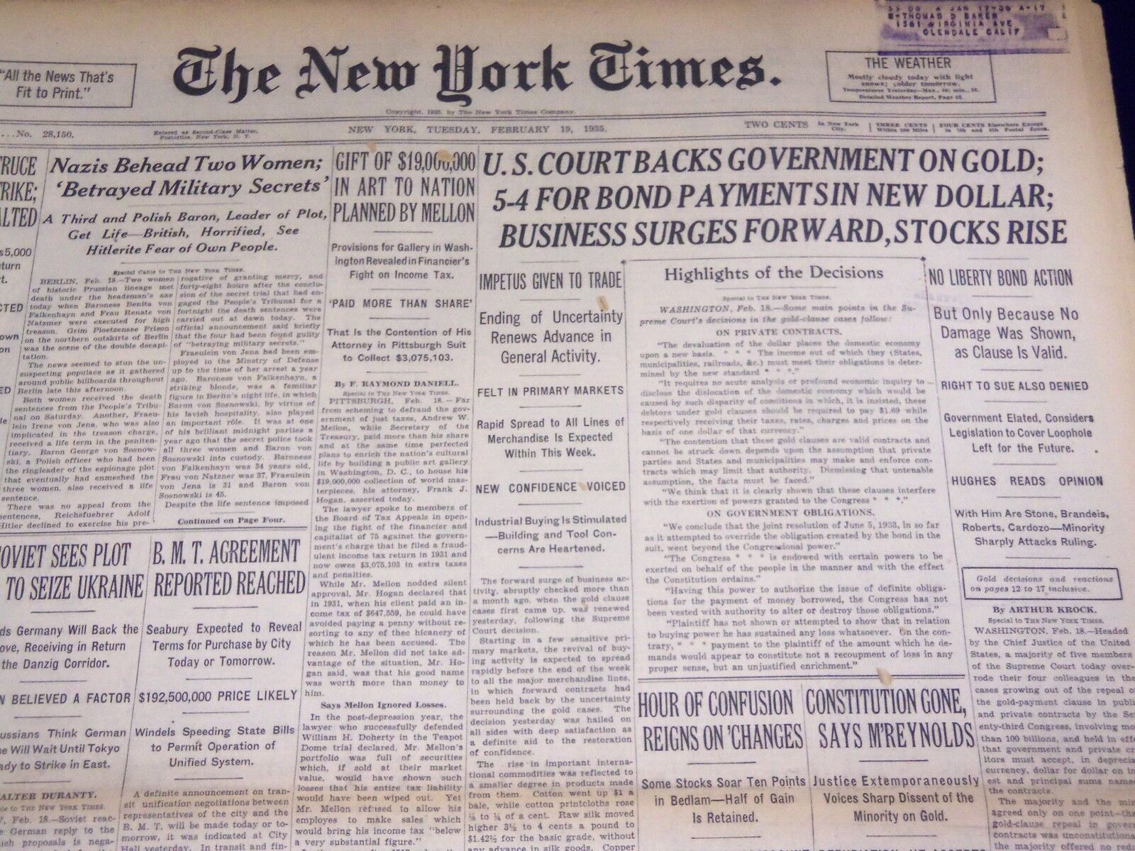 1935 FEB 19 NEW YORK TIMES - U. S. COURT BACKS GOVERNMENT ON GOLD - NT 1958