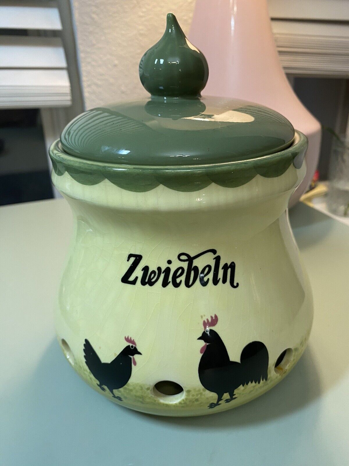 Vintage Zeller Keramik Onion Storage Jar With Lid Rooster And Hen Germany