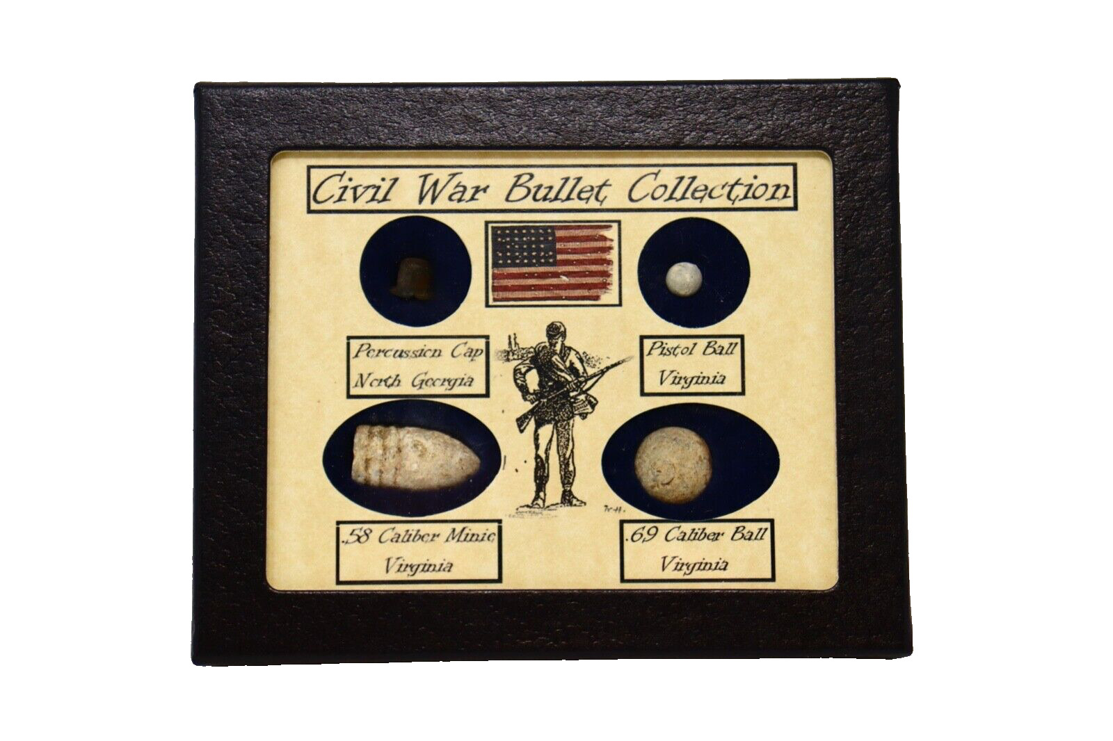 Original Civil War Bullets Relics Collection in Display Case (4 Piece) with COA