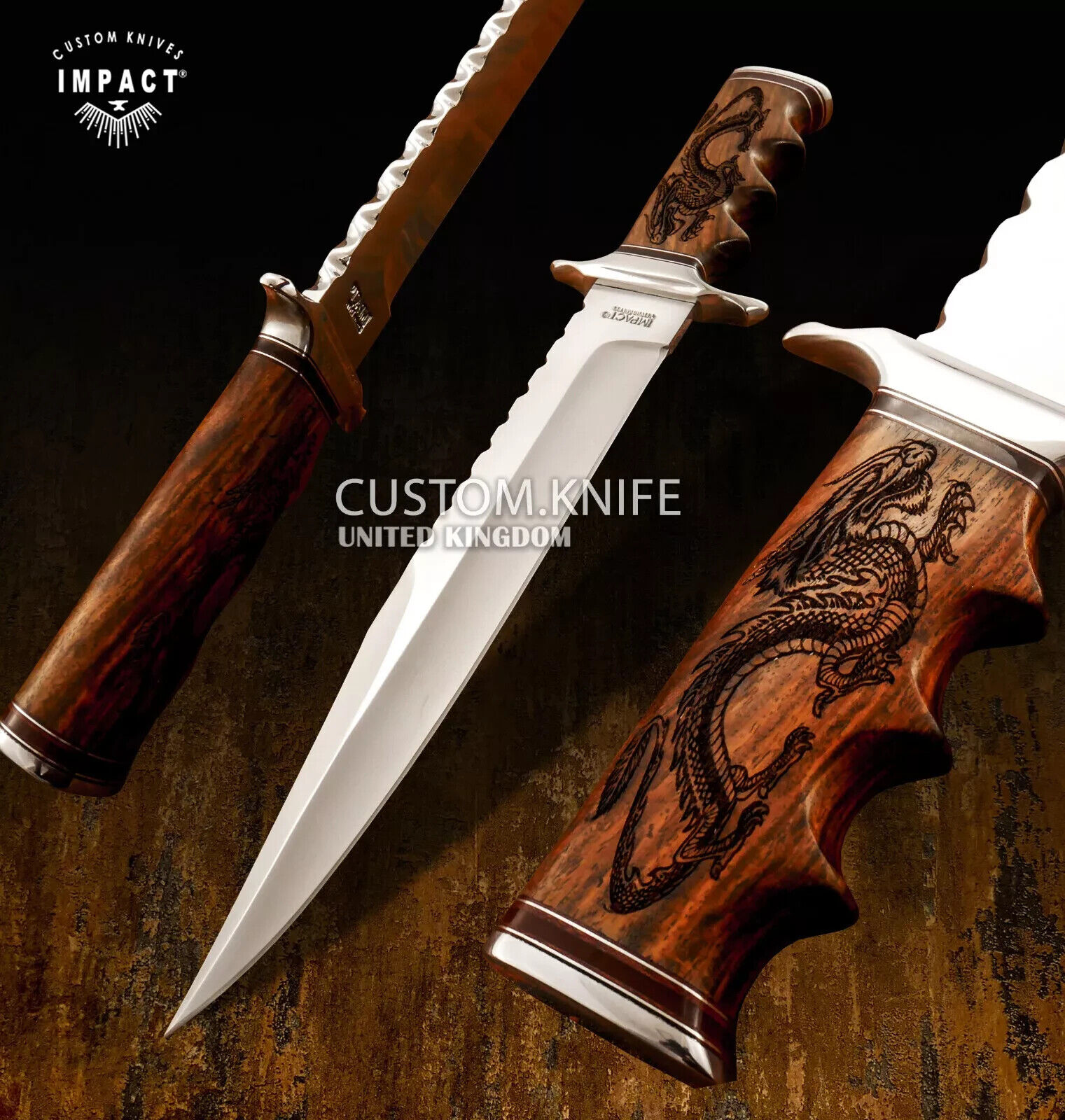 IMPACT CUTLERY CUSTOM FULLER BOWIE KNIFE ENGRAVED BURL WOOD HANDLE- 1718
