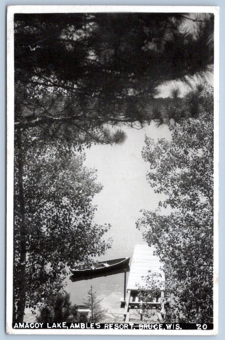 1947 RPPC AMACOY LAKE BRUCE WISCONSIN AMBLE'S RESORT BOAT DOCK PHOTO POSTCARD