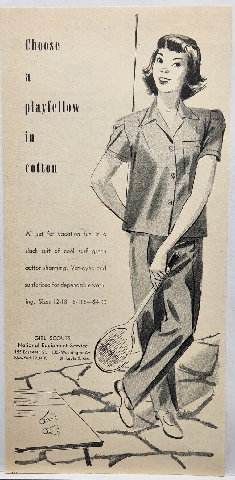 1946 Girl Scouts Shantung Clothing Badminton Vtg Print Ad Man Cave Art Deco NY