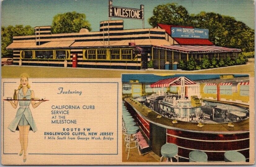 c1940s ENGLEWOOD CLIFFS New Jersey LINEN Postcard MILESTONE RESTAURANT Diner Bar