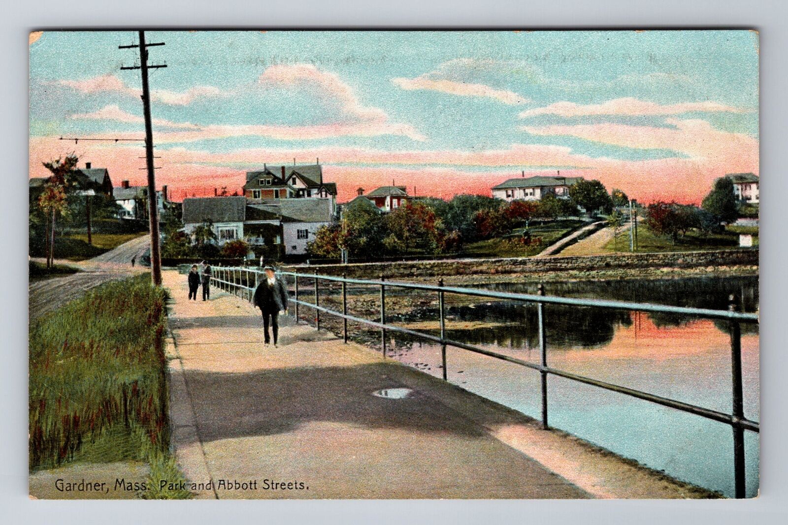 Gardner MA-Massachusetts, Park & Abbott Streets, Gents, Antique Vintage Postcard