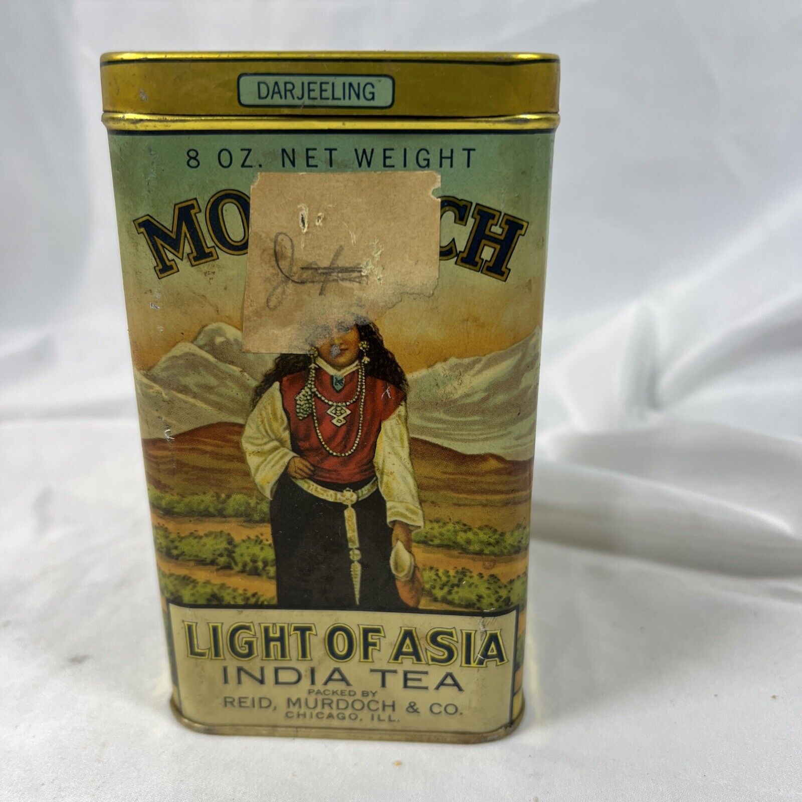 ANTIQUE 1893 MONARCH LIGHT OF ASIA PURE INDIA TEA TIN REID MURDOCH CHICAGO