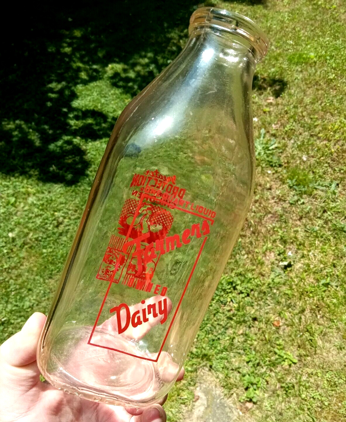 Vintage FARMERS OWNED DAIRY Protection for Children Red Pyro Glass Milk Bottle