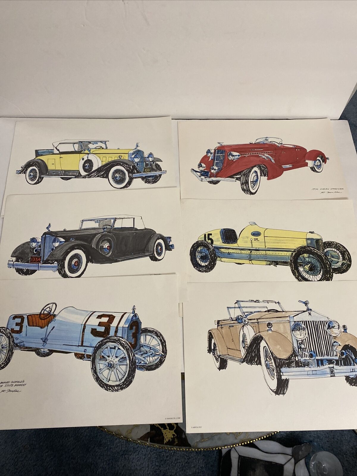 Six Vtg. R. McKee Antique Car Prints 13\
