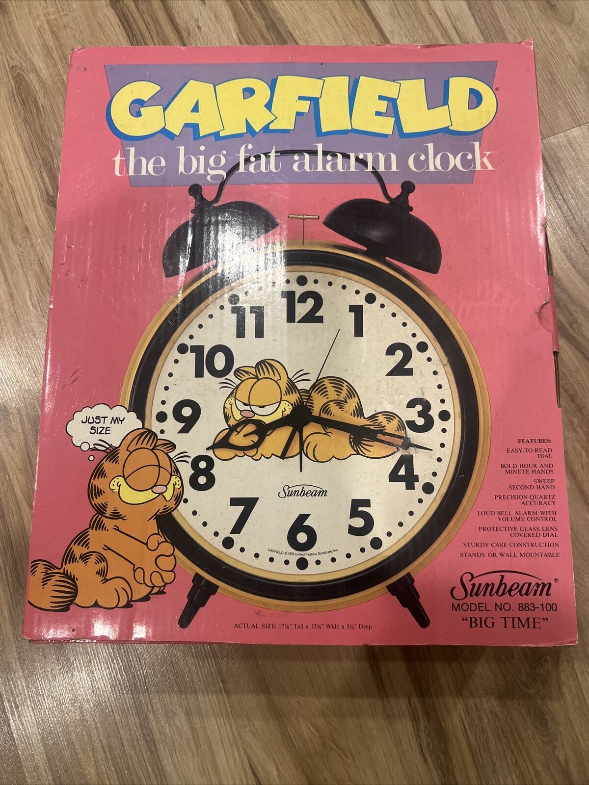 1978 Vintage Large Garfield The Big Fat Alarm Clock by Sunbeam Orange Cat w/Box