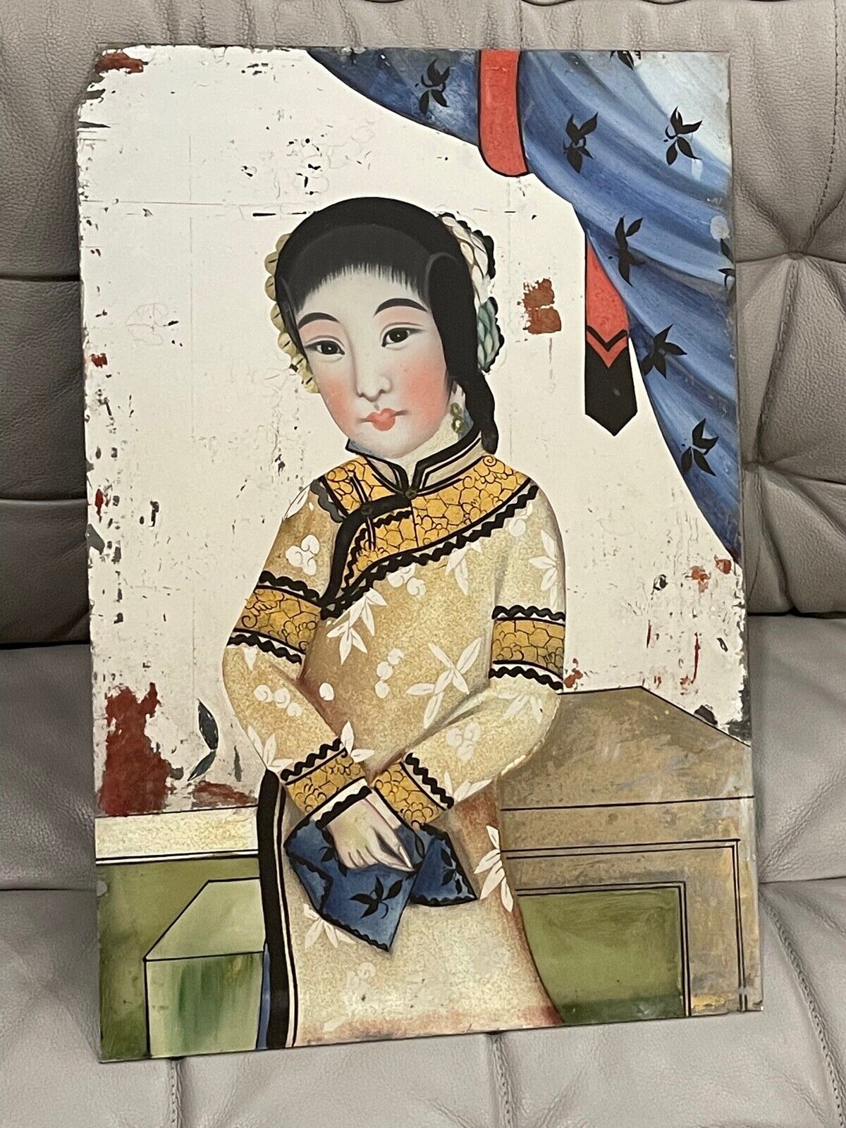 Antique Chinese Reverse Painted Glass Painting w/ Girl / Woman Portrait