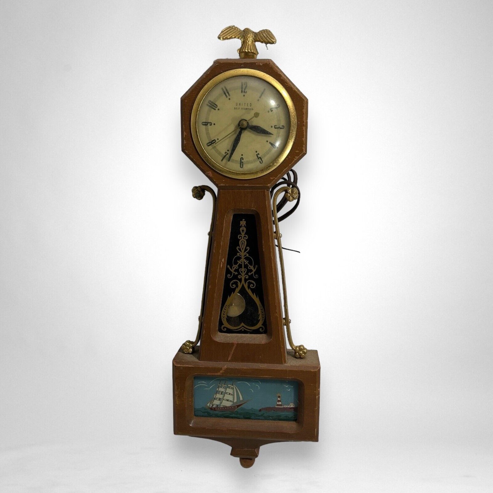 United Self Starting Clock Model 375 Sailboat Pendulum Wood