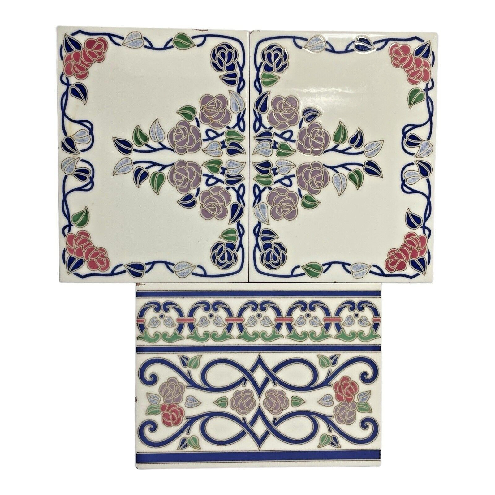 Vintage Onda Espana Spain Ceramic Tiles Set of 3 Blue Purple White Rose\' Green