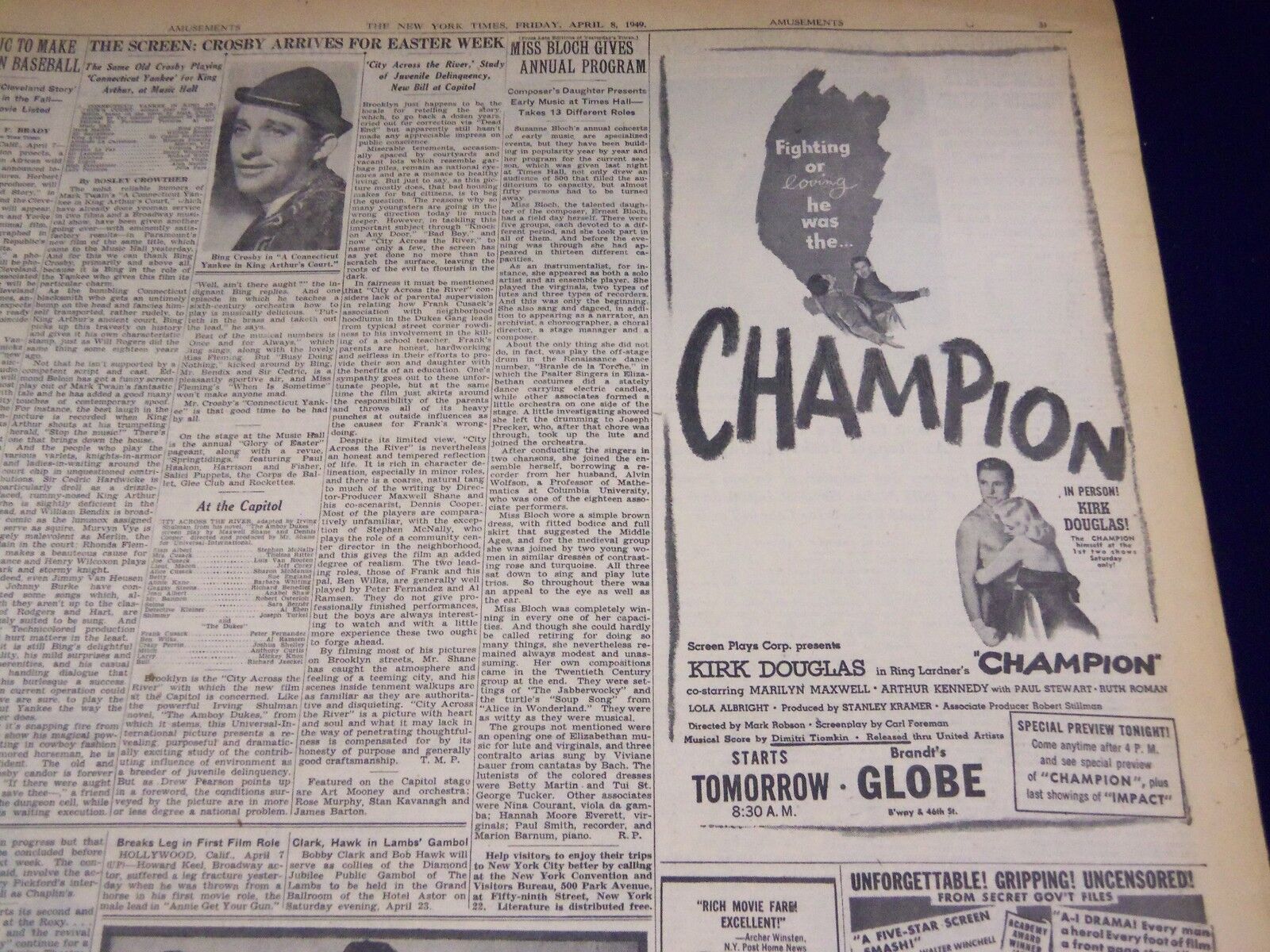 1949 APRIL 8 NEW YORK TIMES - KIRK DOUGLAS IN CHAMPION OPENS - NT 2668