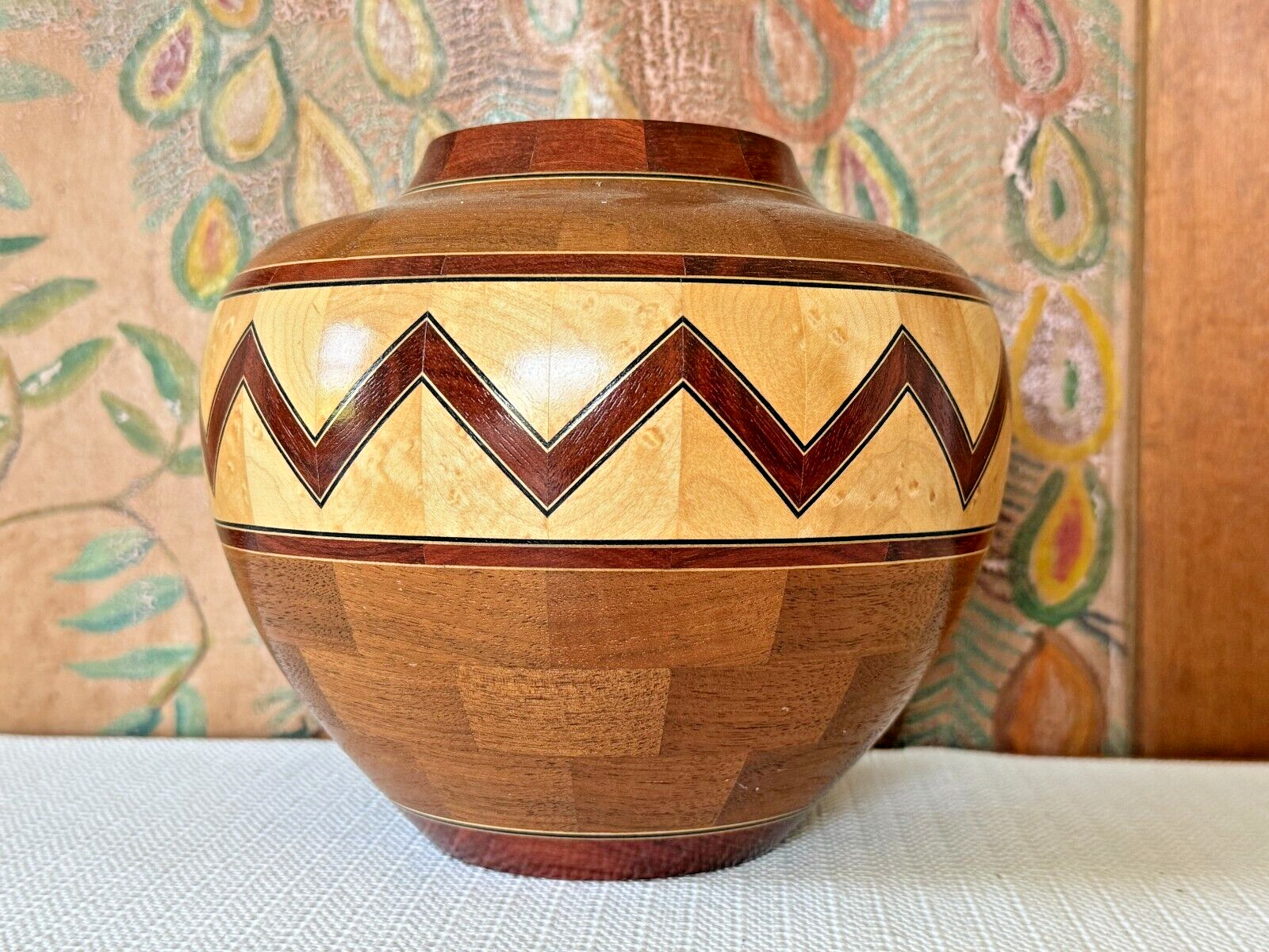 Vintage Handmade Turned Wood Southwestern Zig-Zag Vase - Signed Kevin Neelley