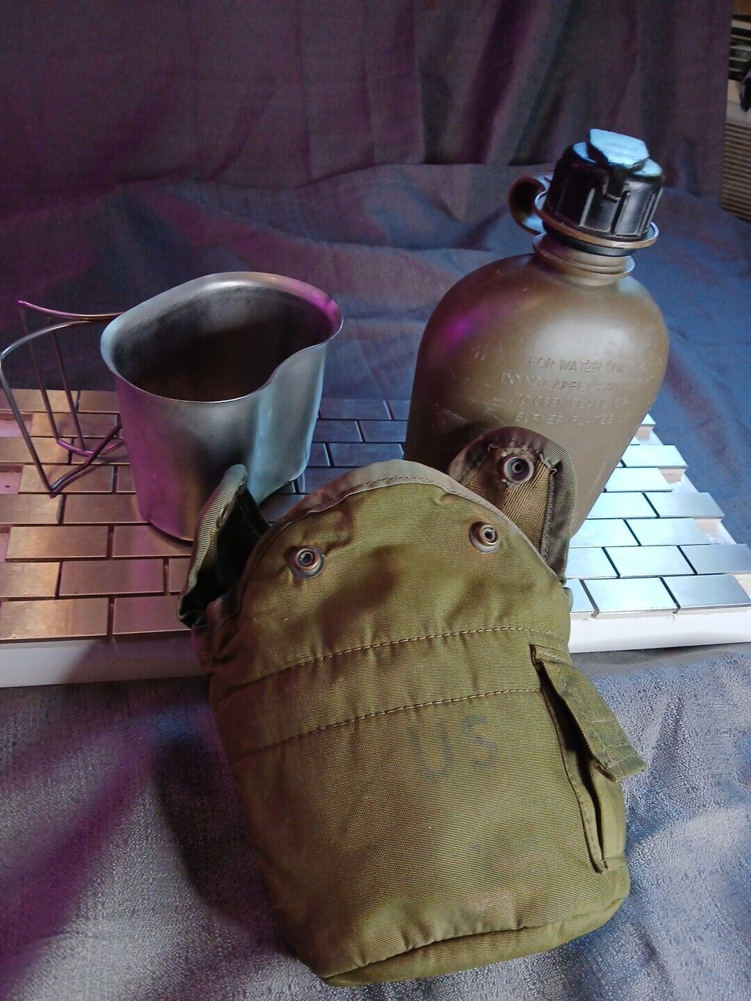  Vintage U.S. Army Water Canteen Green Military with Cover with Cup 