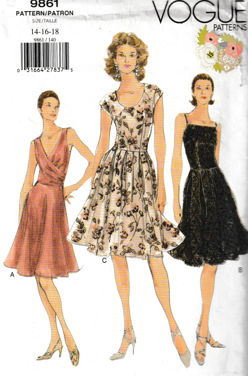 Vogue Pattern 9861 c1998, Misses Dresses, Size 14-16-18; FF