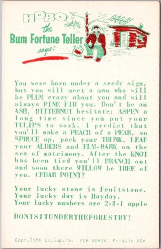 HOBO The Bum Fortune Teller Exhibit Card FOR WOMEN Born Under a Seedy Sign 1966
