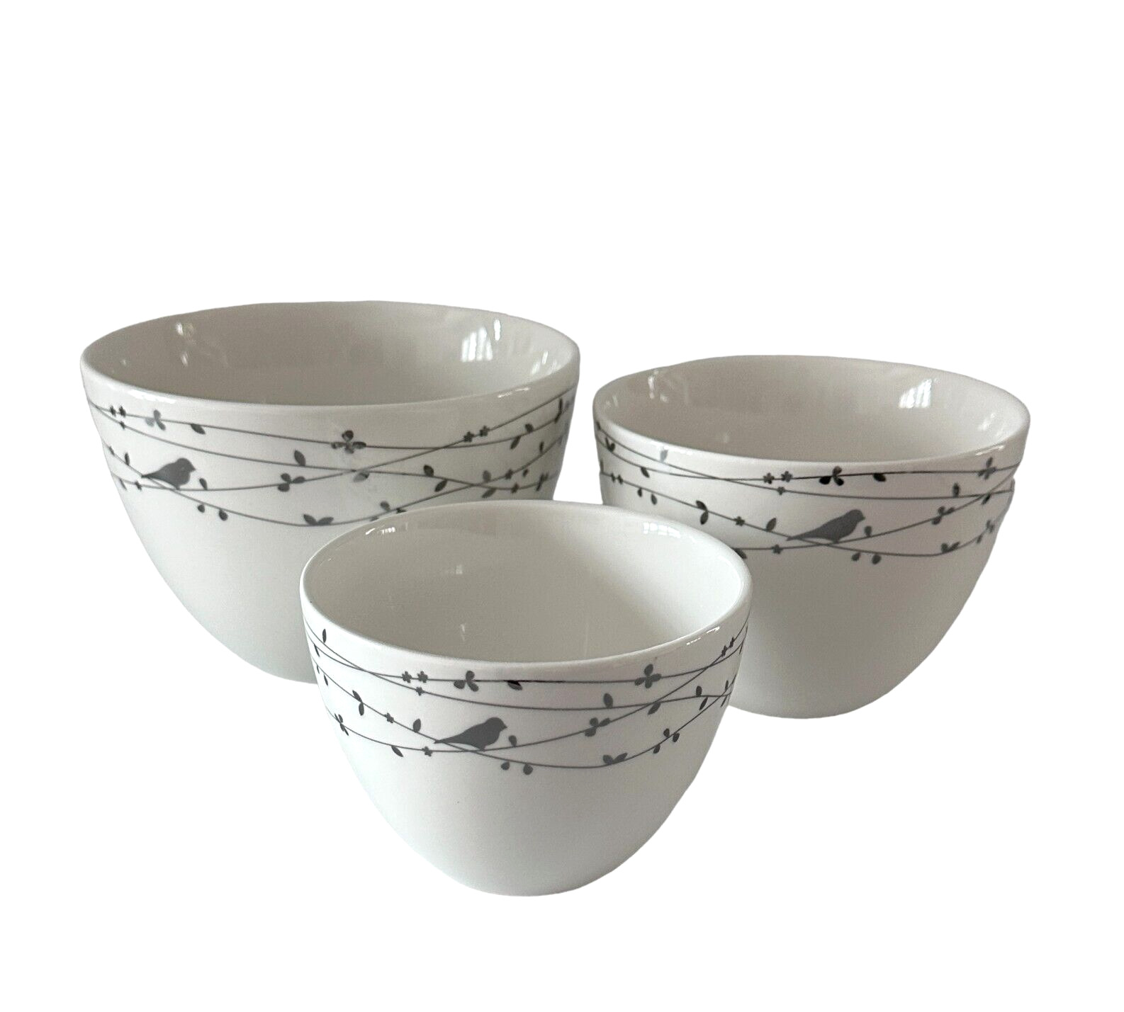 Ciroa Oiseau Porcelain Nesting Bowls Set Of 3 Platinum Bird On Vines Silver Trim