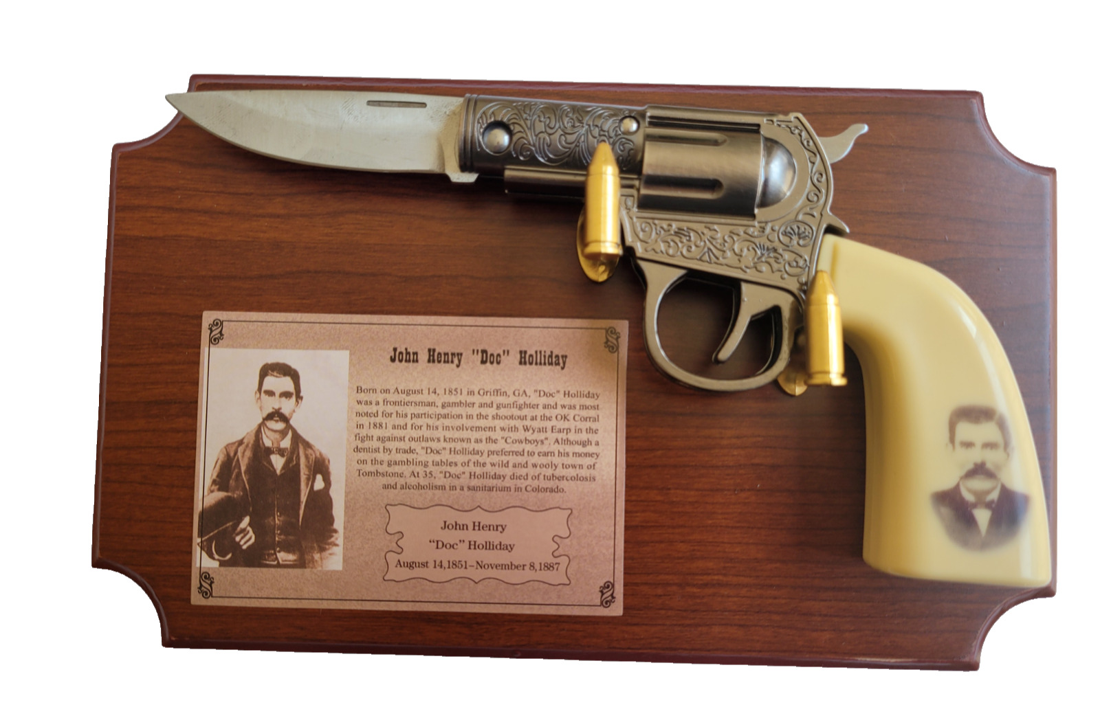 Doc Holiday Pistol Knife W/ Plaque Bullet Hook Collectable Western Gun Knife