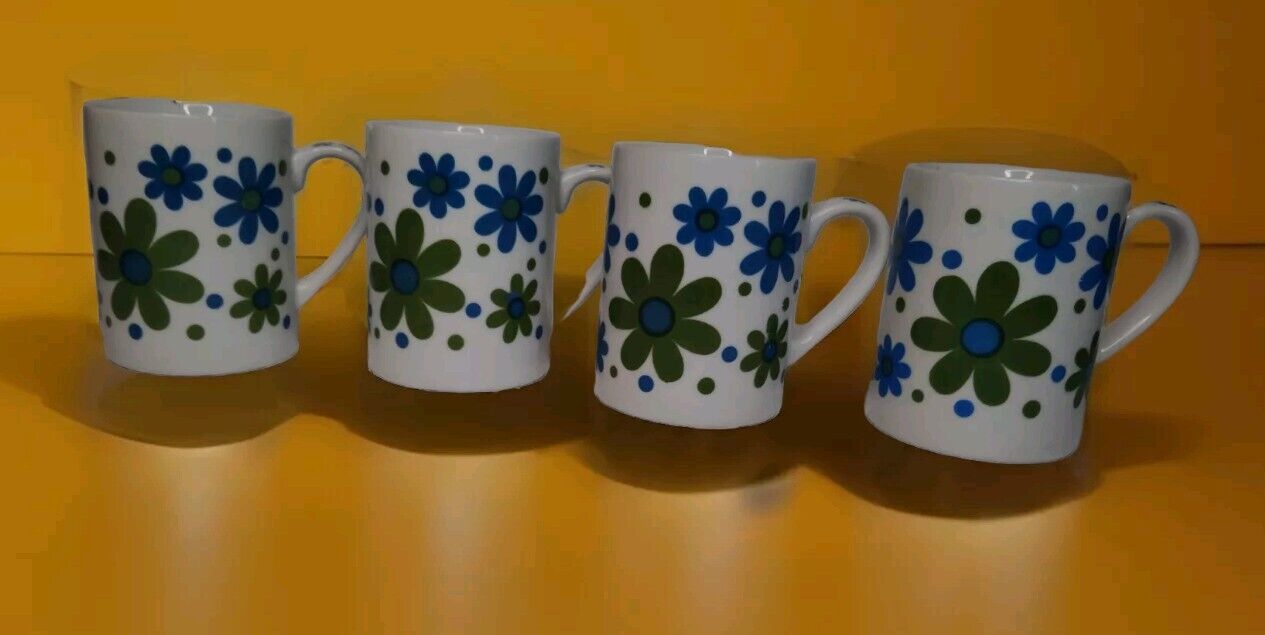 Vintage Mid Century Modern 1960s Floral Mugs Green and Blue Flowers/Hippie/Boho