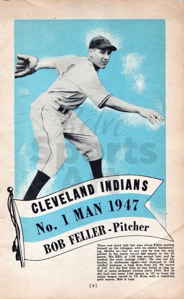 1947 Bob Feller Cleveland Indians Baseball Magazine Vintage Print Ad Page