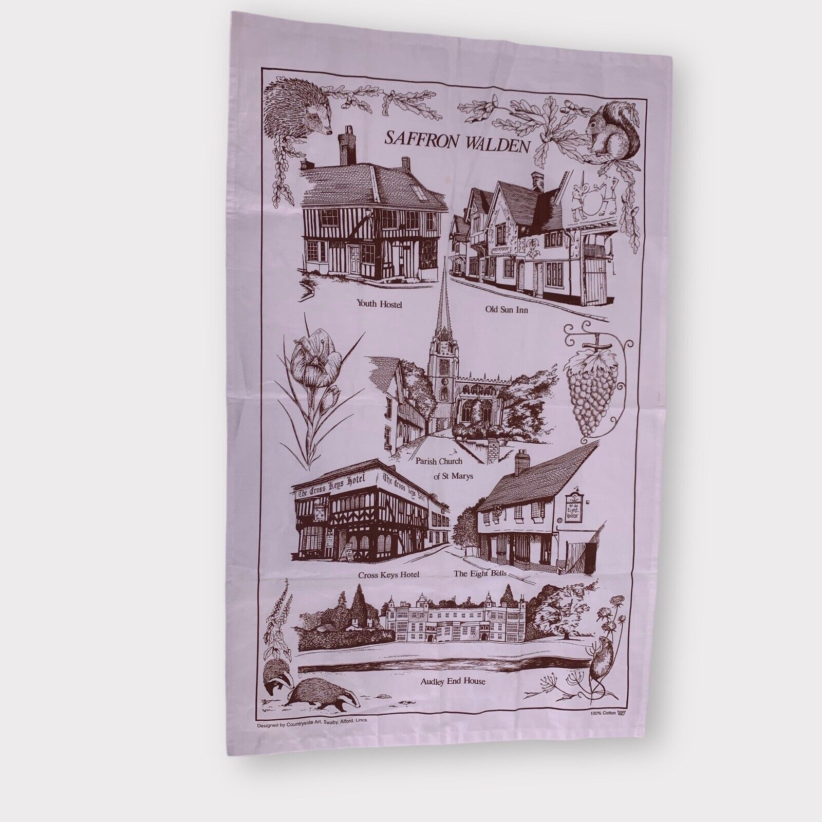 VTG Countryside Art Cotton Tea Towel Landmark Souvenir Saffron Walden Lincs UK