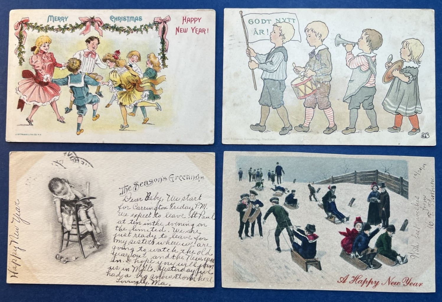 4 Children & Baby New Year Antique Postcards. UNDIVIDED Backs. 1905-08 era.