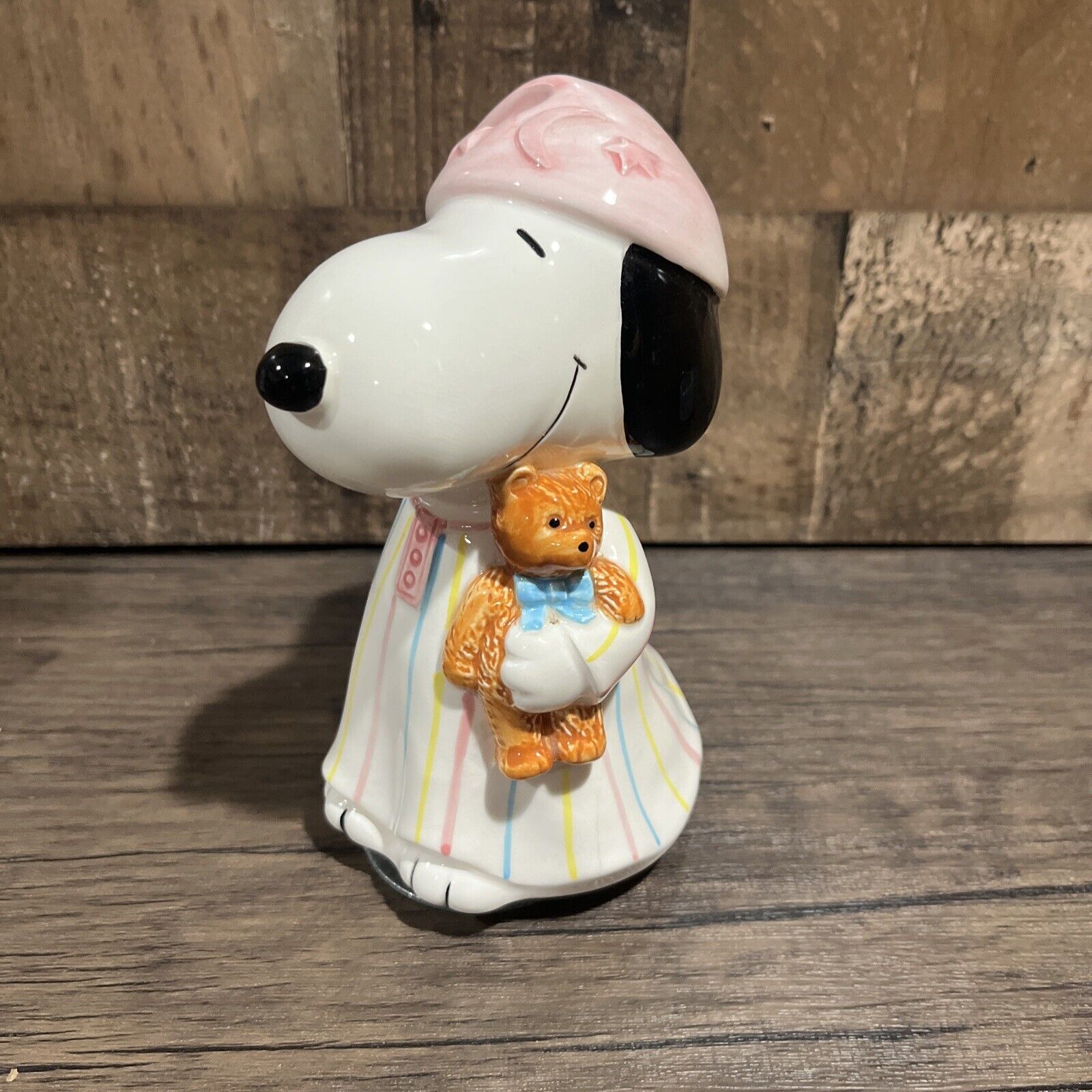 Peanuts Vintage Schmid Snoopy in Nightshirt w/ Teddy Bear Ceramic Music Box