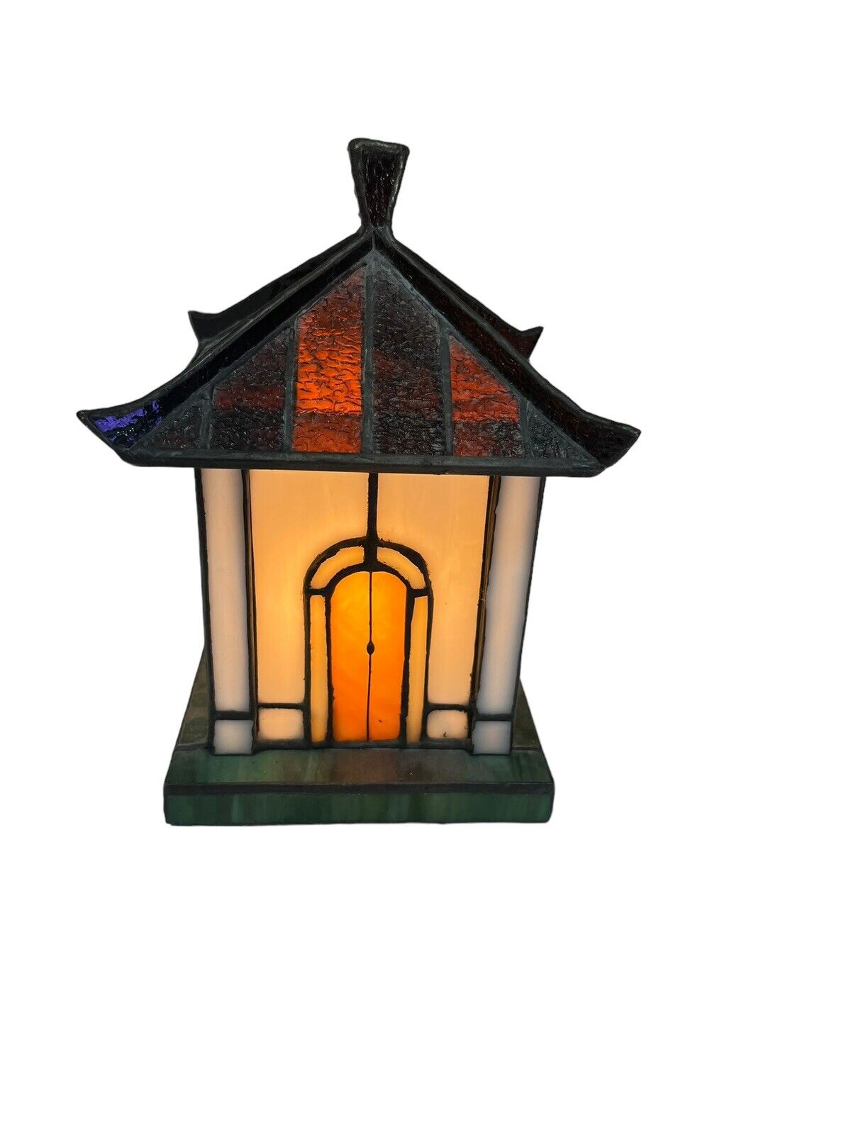 Vintage Lighted Stained Glass Leaded Cottage House Asian Lamp Folk Handmade 9”