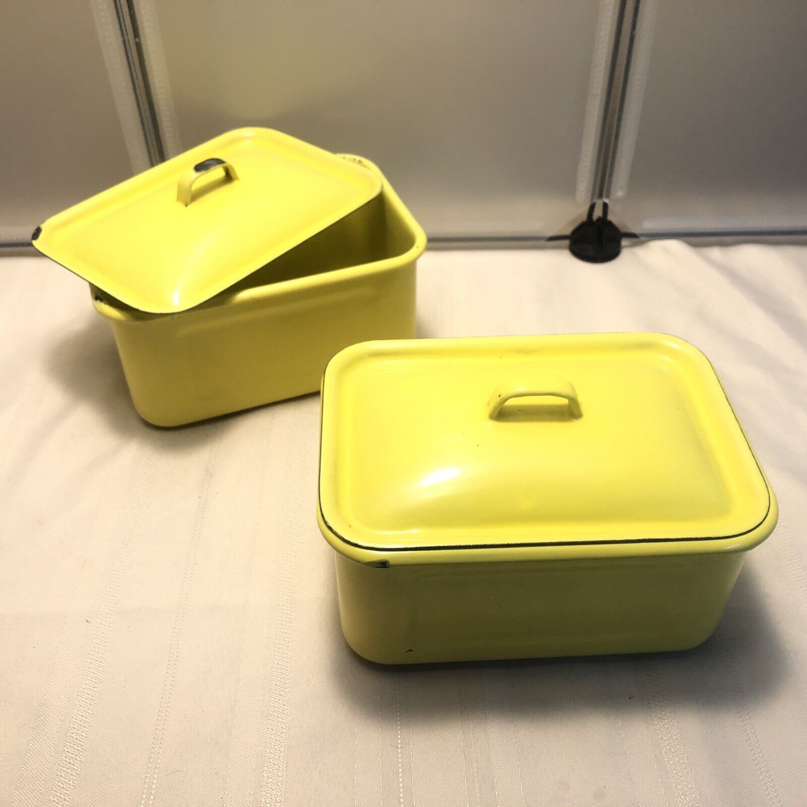 Vintage Rectangular Enamelware Bright Yellow Refrigerator Pan Container SET