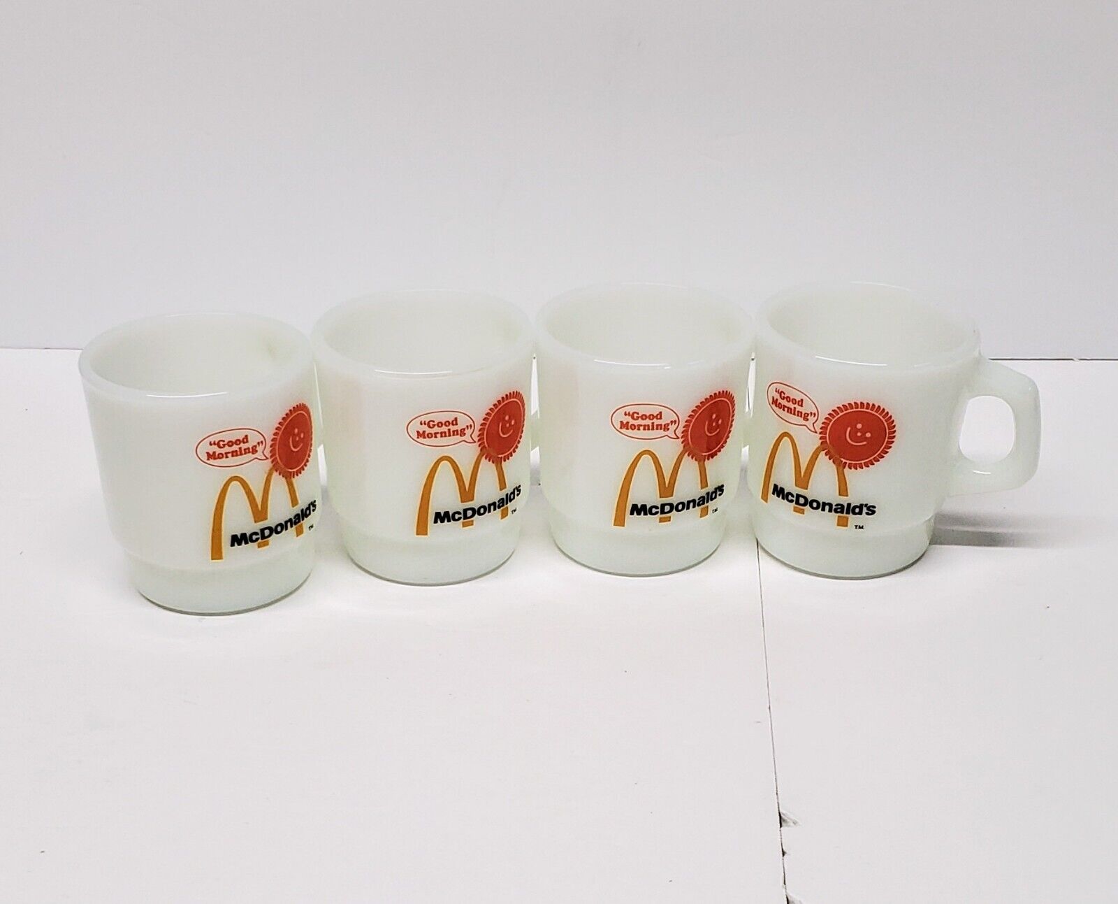 4-Vintage Milk Glass McDonald\'s Coffee Mugs White Fire King Anchor Hocking Sun
