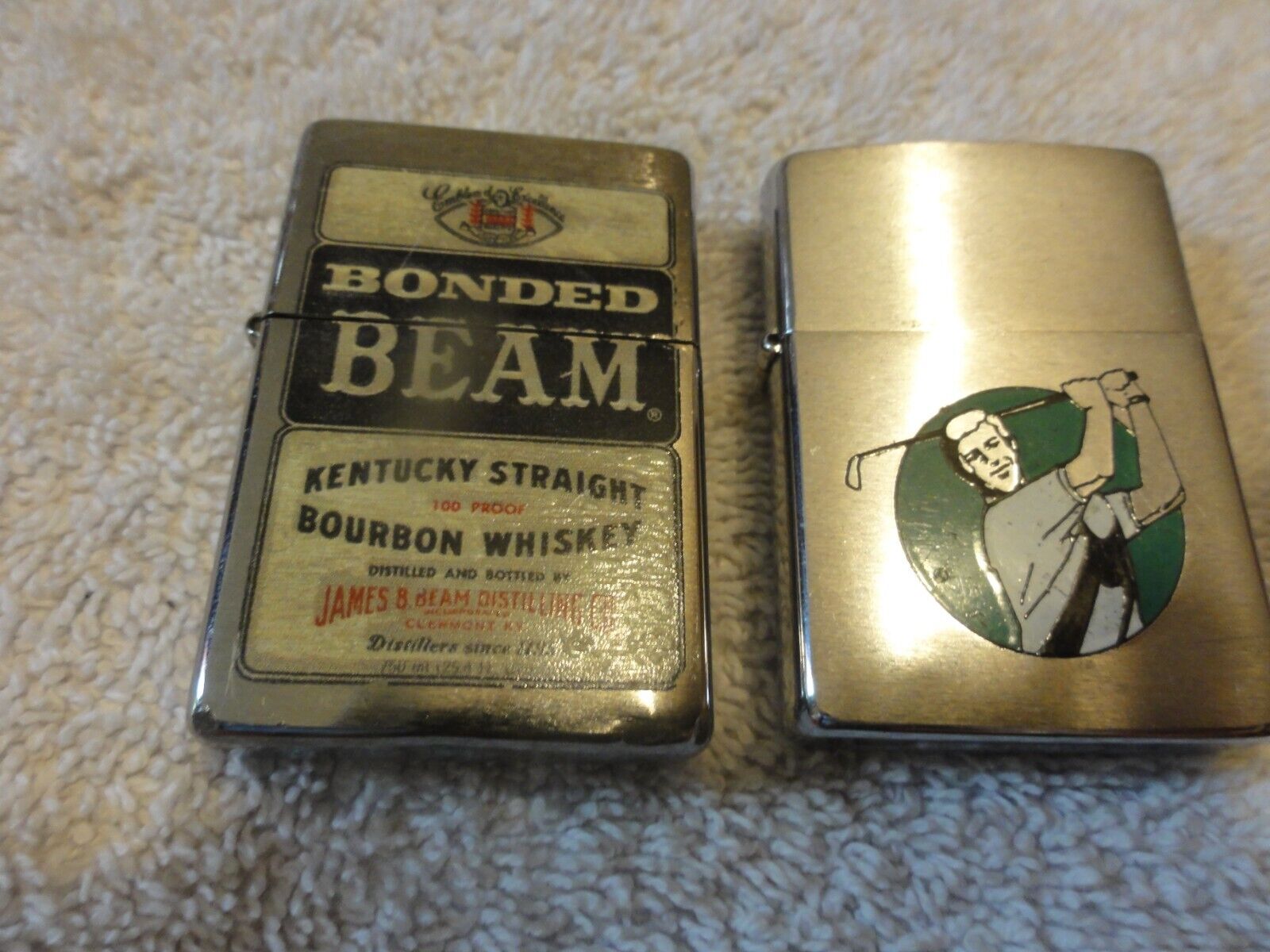 Vintage Pre-Owned Zippo Cigarette Lighter LOT Golfer & Jim Beam Bonded Whiskey