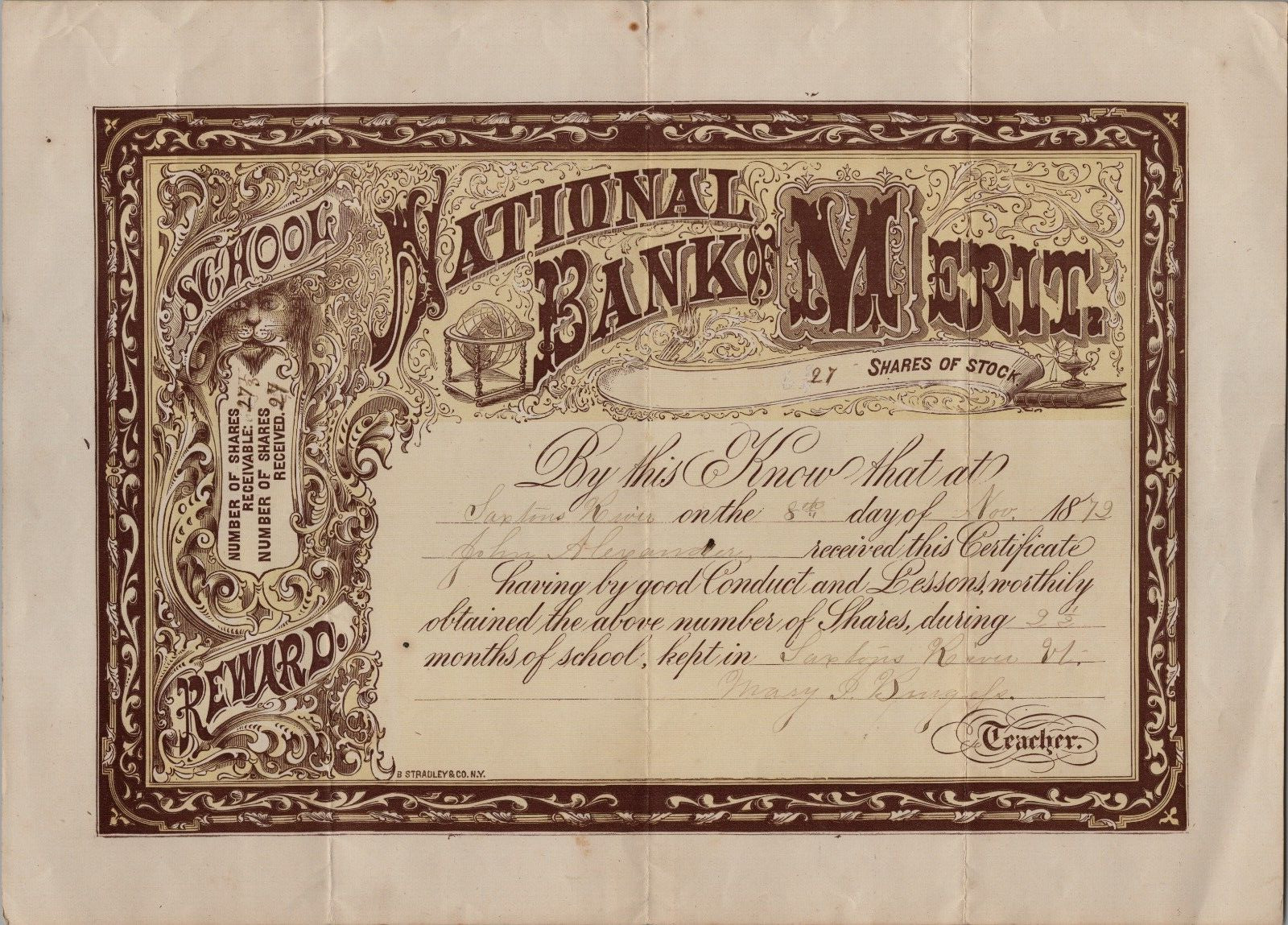 Original Antique National Bank Merit 1879 School Reward Saxtons River Vermont