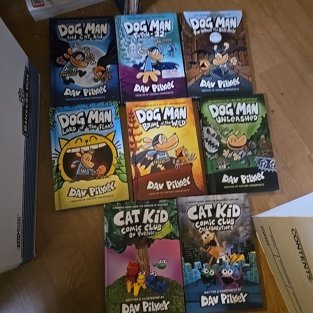 8 Used Book Lot 6 Dog Man, 2 Cat Kid Hardcover  by Dav Pilkey.