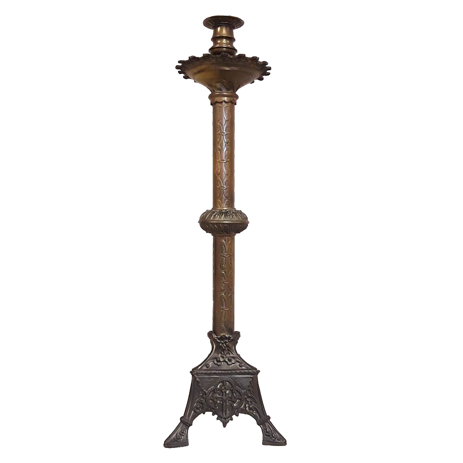 Antique French Christian Brass Candle Holder Church Altar Gothic Fleur de Lis