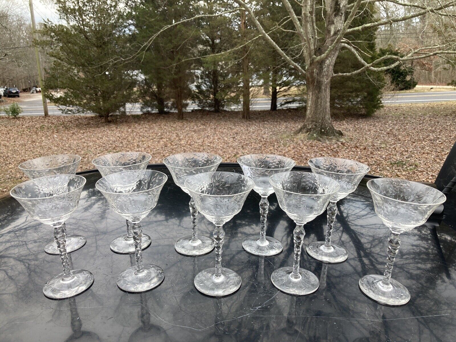 10pc Superb 6.5” CUT GLASS CRYSTAL Champagne Glasses Diamond Stem Cut Base