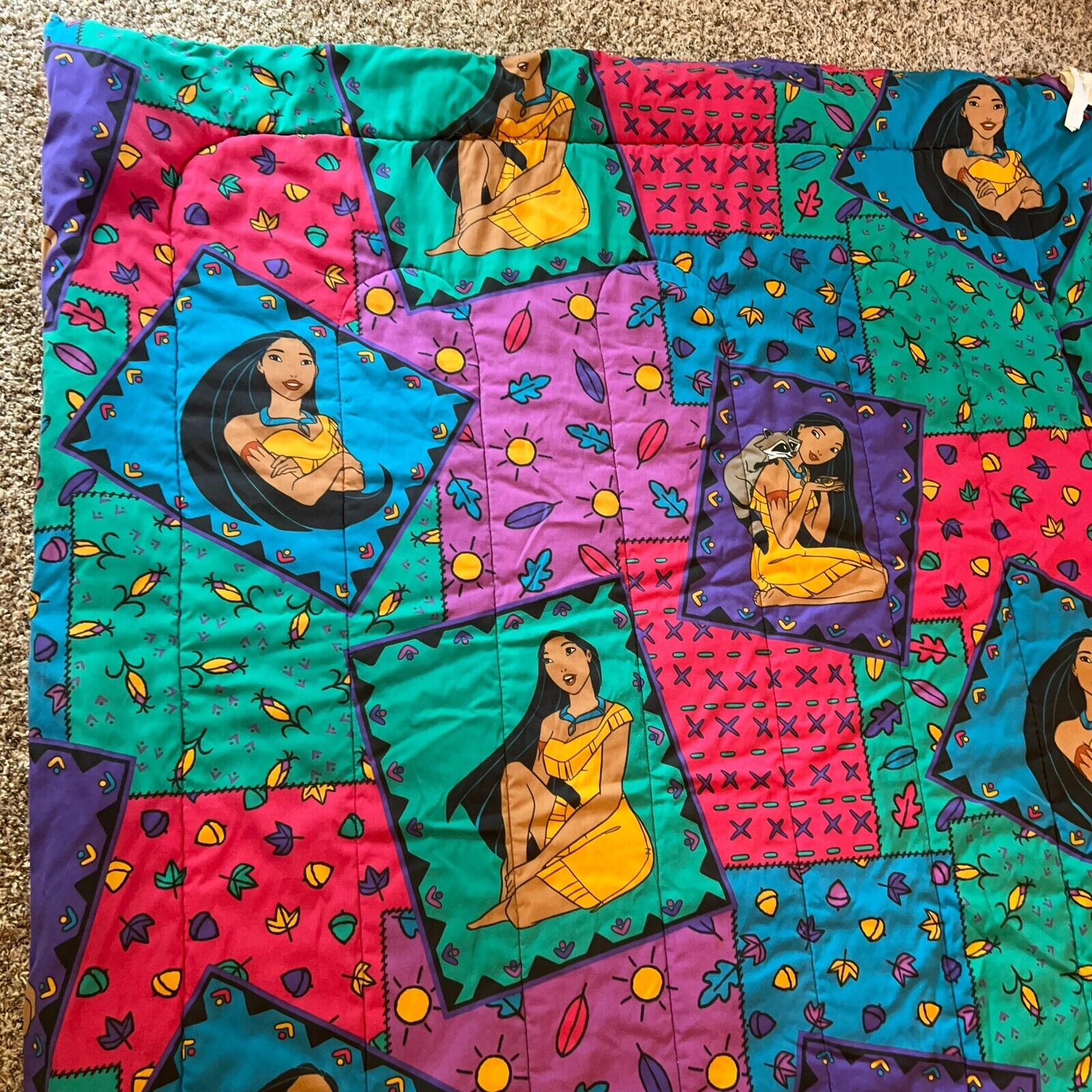 Vintage 90s Disney Pocahontas Reversible Twin Comforter Blanket 60x83 Bright