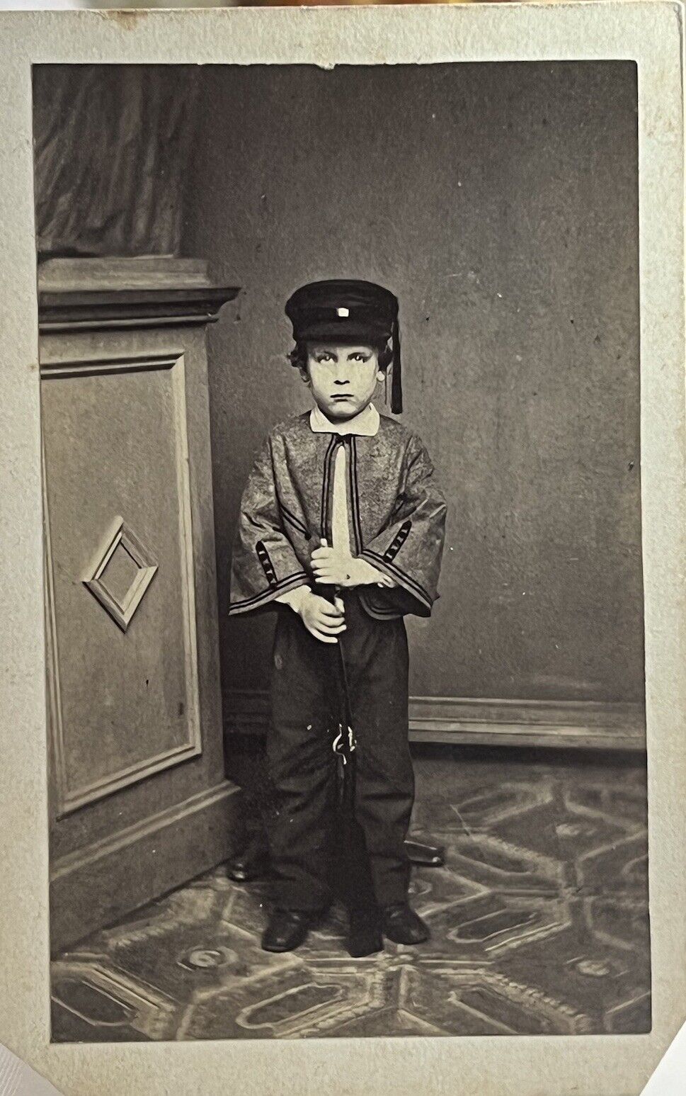 CDV of Serious Young Boy in Uniform &Cap, Standing at Attention, Holding Rifle