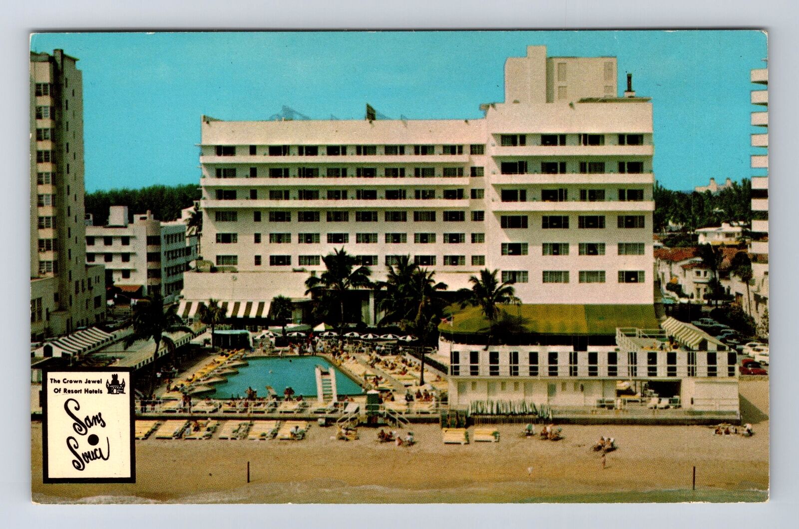 Miami Beach FL-Florida, Aerial The Sans Souer Hotel, Vintage Postcard